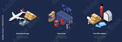 Post Delivery Conceptual Vector Illustration Of Three Separate Compositions On Dark Background With Text. Isometric Design In Cartoon 3D Style. Marketing Strategy, Cargo Goods And Office Mailbox Ideas