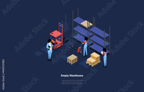 Vector Illustration Of Empty Warehouse With Shelves And Boxes. Isometric Composition In Cartoon 3D Style. Two Staff Characters In Overall Loading, One Person In Suit Checking Their Working Process