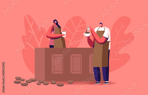 Characters Study in Barista School Brewing Coffee at Bar Desk Concept. Young Man and Woman in Waiter or Bartender Apron