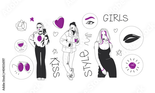 Set of fashion stylish girls. Modern women. Colorful flat vector illustration