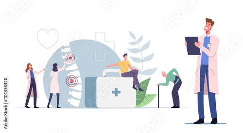 Characters Suffer of Backache or Lumbago Concept. Unhealthy Young and Old People Visiting Doctor for Spine Treatment