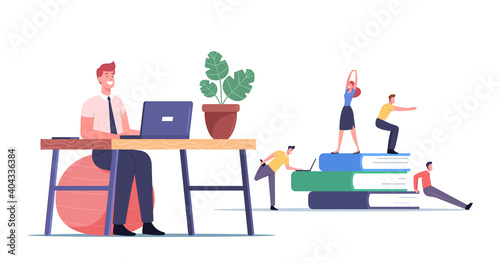 Office Workers Exercising at Workplace Concept. Male and Female Characters Doing Workout at Work Place Stretching Body