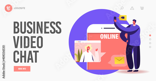 Online Teamwork Landing Page Template. Tiny Business Characters Speaking via Video Call with Remote Colleagues Briefing