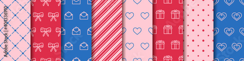 Valentine's day seamless eight patterns collection. Set of patterns with hearts, envelopes, gift boxes, polka dot and abstract ornament. Festive wrapping paper. Wrapping paper design templates.