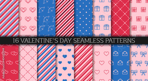 Valentine's day seamless pattern collection. Festive wrapping paper. Set of patterns with hearts, envelopes, gift boxes, polka dot and abstract ornament. Wrapping paper design templates.
