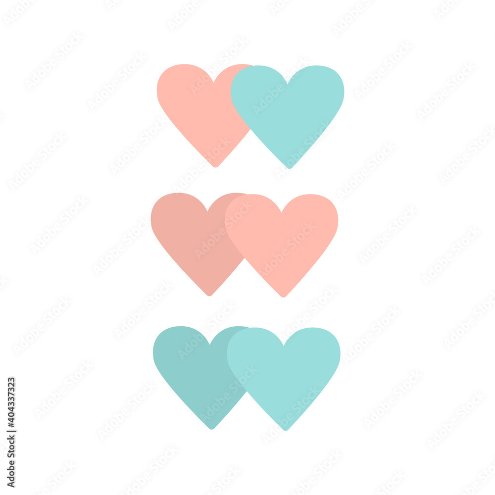 Set of couples colorful hearts, red and blue colors. Symbols of heterosexual love, male and female homosexual love. Can be used for St Valentine's Day,  for Web and Print, Romantic design. 