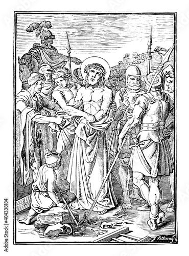 10th or tenth Station of the Cross or Way of the Cross or Via Crucis. Jesus is stripped of his clothes.Bible,New Testament.Antique vintage biblical religious engraving or drawing.