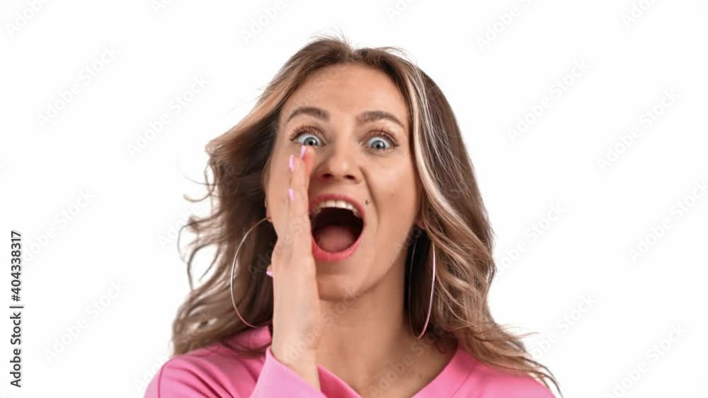 Closeup face of happy blonde woman shouting wow celebrating win. Shot with RED camera in 4K Closeup face of happy blonde woman shouting wow celebrating win. Shot with RED camera in 4K