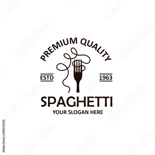 emblem of fork with spaghetti isolated on white background