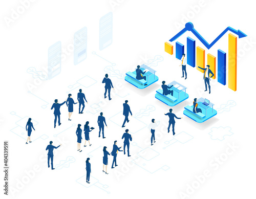 Isometric 3D business environment with business people having seminar, meeting next to growth charts and bars. Success, internet, data protection, security, investments infographic illustration. 