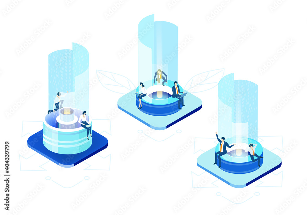 Isometric 3D business environment with business people working and communicating in server room. Technology, success, internet, data protection and personal security concept infographic illustration. Isometric 3D business environment with business people working and communicating in server room. Technology, success, internet, data protection and personal security concept infographic illustration.