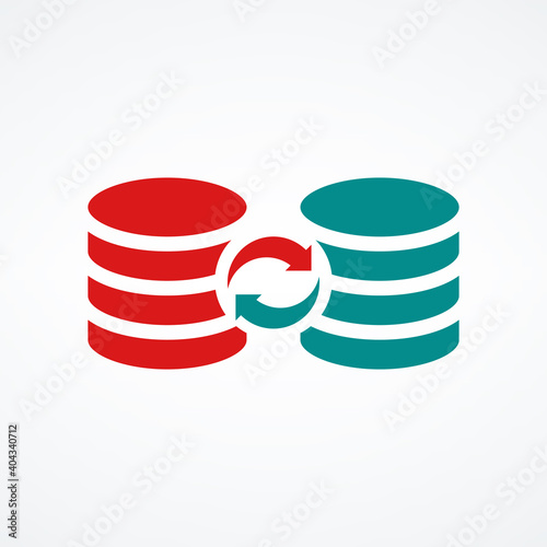 Server databases icon with sync data circle arrows, data sync symbol. Stock vector illustration isolated on white background.