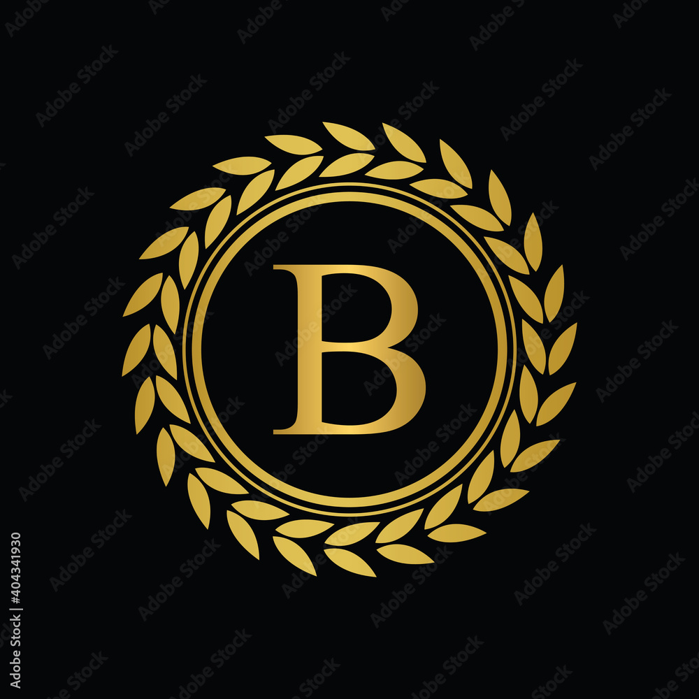 Naklejka premium Golden Letter B laurel wreath template logo Luxury gold letter with crown. Monogram alphabet . Beautiful royal initials letter. 