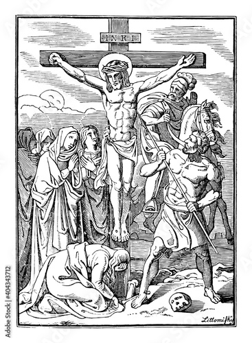 12th or twelfth Station of the Cross or Way of the Cross or Via Crucis. Jesus dies on the cross.Bible,New Testament.Antique vintage biblical religious engraving or drawing.