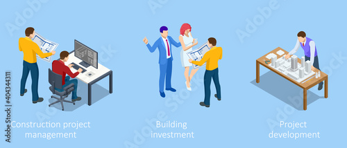 Isometric Construction Project Management. Professional Contractors and Engineers Characters. Building Investment