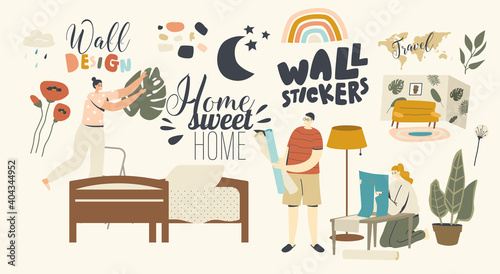 Home Decor Concept. Male and Female Characters Decorate Living Room or Bedroom with Wall Stickers. Coziness at Home