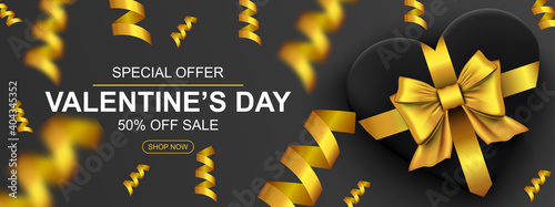Valentines day sale web banner. Realistic gift box with golden bow heart and confetti. Banner for holiday poster, greeting cards, header, landing page, website, shop, commerce. Vector illustration.