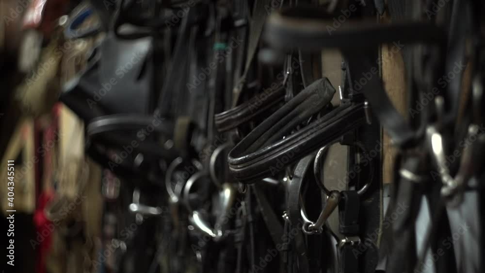  Bridles, stirrups and reins hang in the horse stable, slow camera wiring