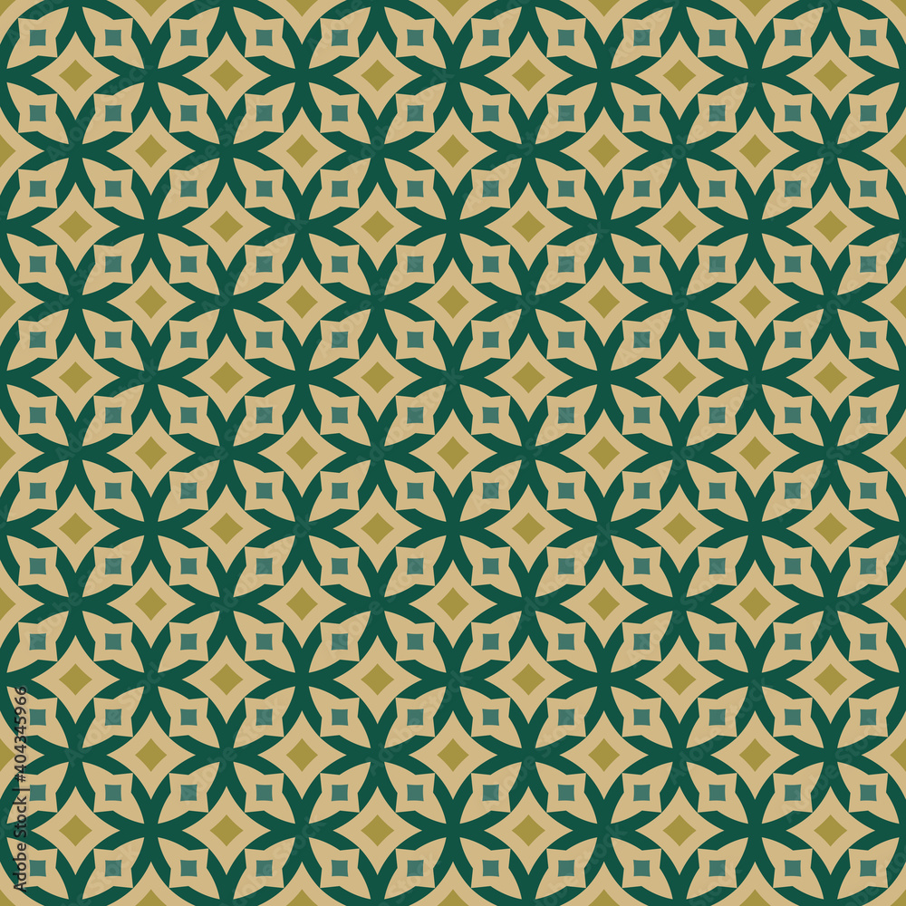 Abstract geometric seamless pattern. Elegant vector texture with curved shapes, grid, lattice, crosses, floral silhouettes, squares, diamonds. Green and gold colored background. Vintage ornament