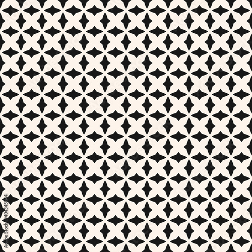 Black and white geometric seamless pattern with small curved shapes, diamonds, grid, mesh, repeat tiles. Elegant gothic style texture. Simple monochrome background. Repeated design for decor, print