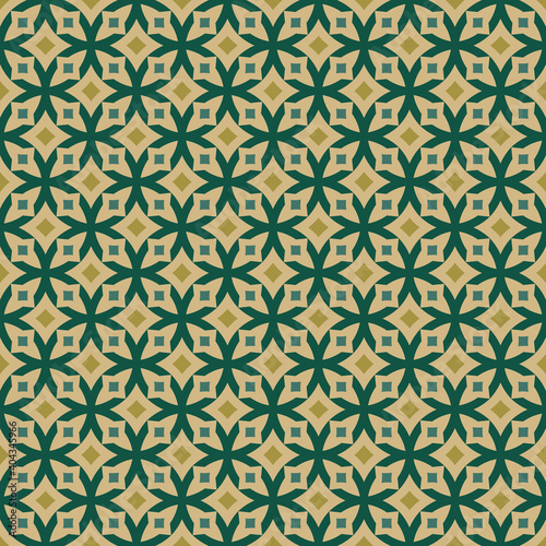 Abstract geometric seamless pattern. Elegant vector texture with curved shapes, grid, lattice, crosses, floral silhouettes, squares, diamonds. Green and gold colored background. Vintage ornament