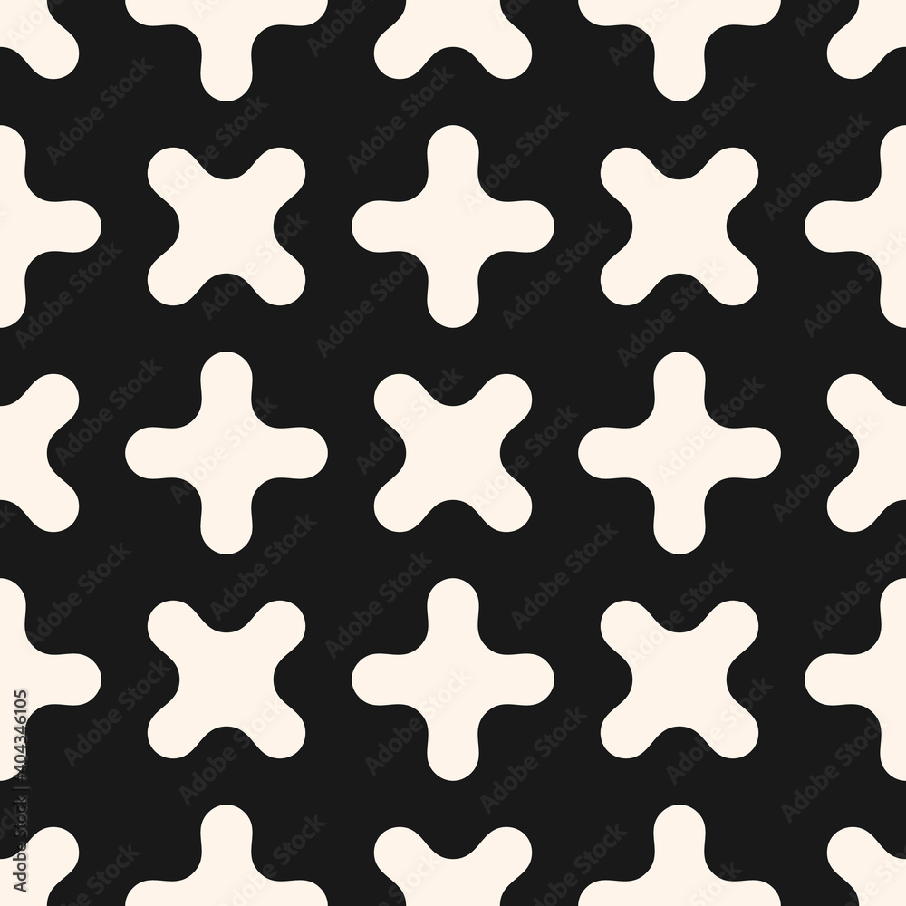 Simple vector seamless pattern. Abstract geometric texture with crosses, funky curved shapes. Hipster fashion background. Black and white ornament. Stylish modern repeat design for decor, print, wrap Simple vector seamless pattern. Abstract geometric texture with crosses, funky curved shapes. Hipster fashion background. Black and white ornament. Stylish modern repeat design for decor, print, wrap