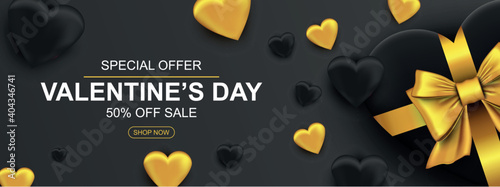 Valentines day sale web banner. Realistic gift box with golden bow and heart. Banner for holiday poster, greeting cards, header, landing page, website, online shop, commerce. Vector illustration.