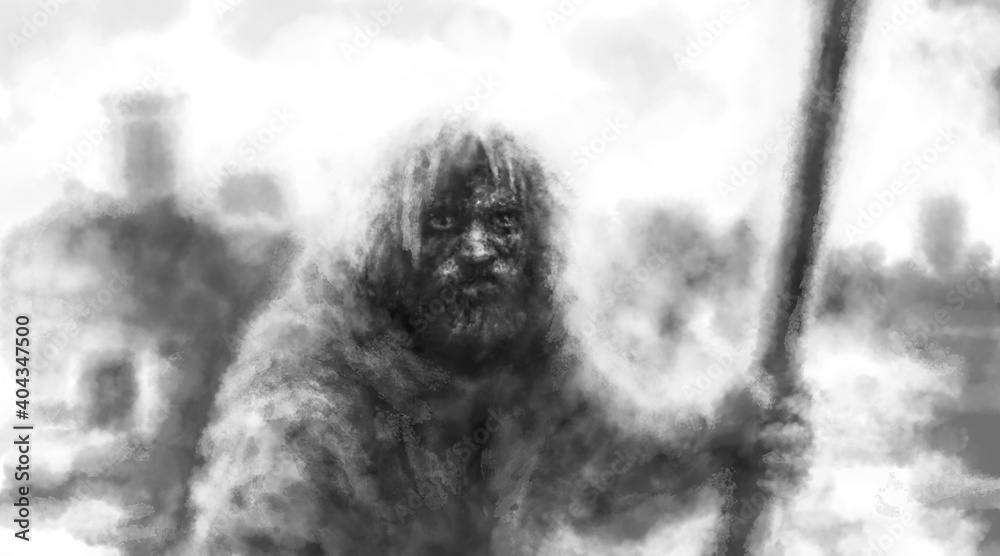 Tired traveler man sits and holds staff. Pilgrim with stick stopped in ruins of temple. Gloomy character concept art. Fantasy drawing for creepy Halloween. Coal, grunge and noise effects.
