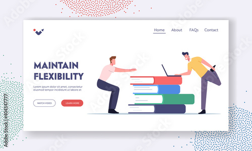 Office Workers Exercising at Workplace Landing Page Template. Male Characters Doing Workout Squatting, Stretching Legs