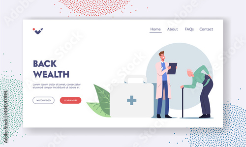 Old Male Character Visiting Doctor for Sore Back Treatment Landing Page Template. Backache and Lumbago Disease