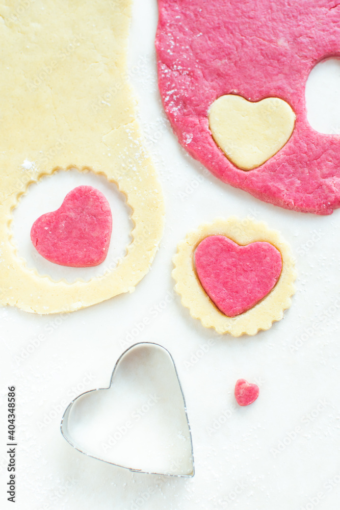 Obraz premium Valentine's day cookies. Cooking instructions step by step 2. Homemade heart shaped cookies. Delicious homemade natural organic cookies, love concept, baked goods with love for valentines day,