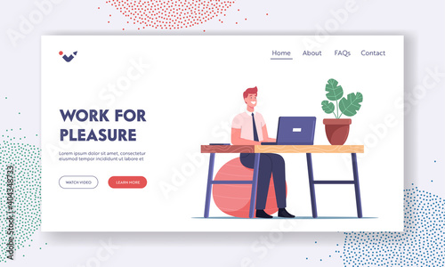 Sport Activity at Work Place Landing Page Template. Office Worker Exercising at Workplace while Work on Laptop, Workout