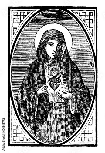 Hearth of Virgin Mary. Christian vintage engraving or line drawing illustration.