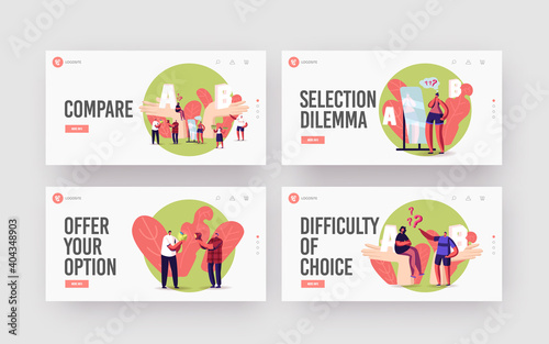 Choice, Pros and Cons Landing Page Template Set. People Make Decision. Tiny Characters at Huge Hands with A and B