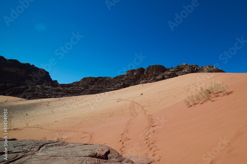 unrecognizable woman alone in a dune of wadi rum desert