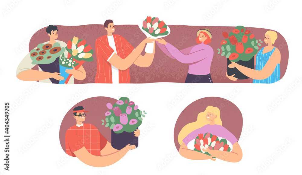 Young Male Characters Giving Flowers to Women. Pleasant Surprise, Congratulation with Holidays or Romantic Date