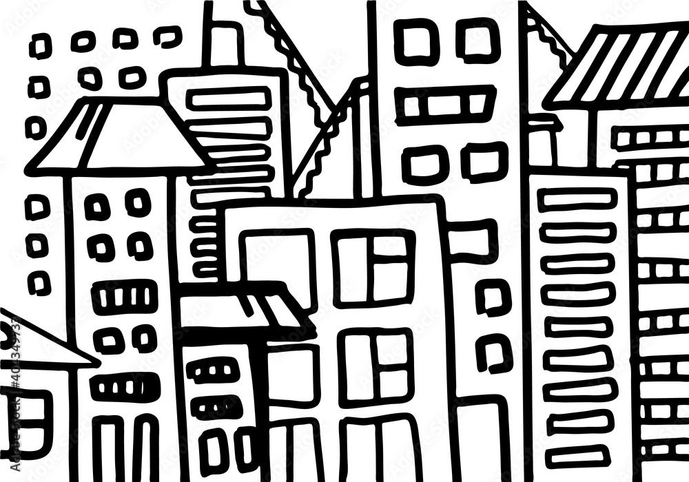 Vector illustration with simple flat abstract houses on a white background. Black and white contour artwork. City silhouette. A casual sketch. Simple minimalistic hand drawing.