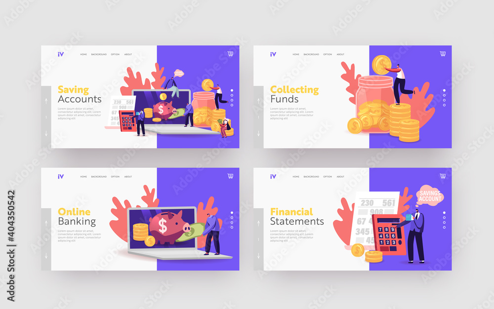 Money Savings Account, Budget or Deposit Landing Page Template Set. Tiny Characters Put Golden Coins in Huge Piggy Bank