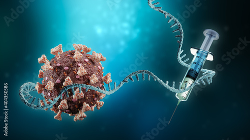 Coronavirus or sars-cov-2 virus cell with messenger RNA or mRNA and syringe on blue background 3D rendering illustration with copy space. Vaccination or vaccine, science, medical technology concept. photo