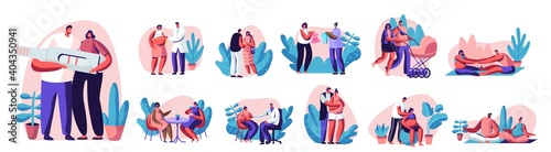 Set of Happy Couples Waiting Baby and Exercising in Gym. Pregnant Female Characters with Husbands Fitness Sport Activity