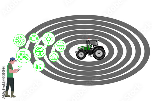 IOT smart industry robot 4.0 agriculture concept. Autonomous tractor working in IOT smart industry robot 4.0 agriculture concept. Autonomous tractor working in circle farm. Smart and digital farming