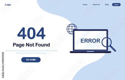 Vector illustration 404 error page not found banner. Laptop with text 404. System error, broken page. For website. Web Template. Blue. Eps 10