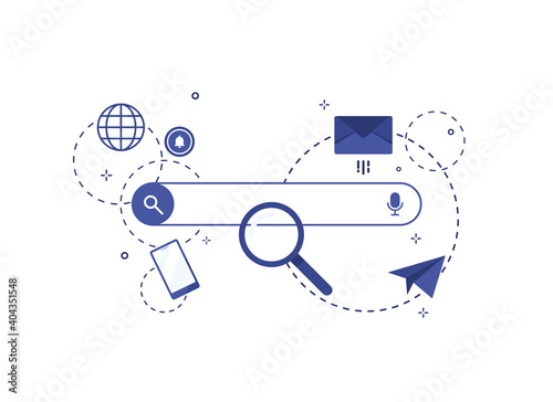 Web search page. Web window on white background. In flat design vector illustration. Browser with search bar field and search button. Blue. Eps 10