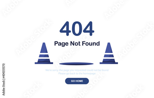 Vector illustration 404 error page not found banner. Web template with cones and pit. System error, broken page. For website. Blue. Eps 10