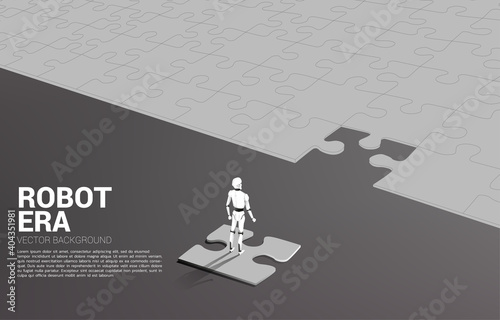 Robot standing on jigsaw. concept of artificial intelligence and machine learning worker technology