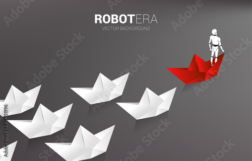 Robot on red origami paper ship leading the white. concept of artificial intelligence and machine learning worker technology.