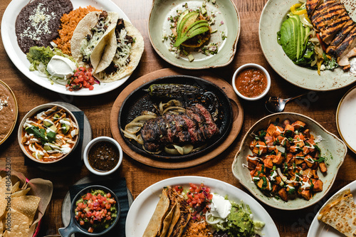 Overhead view of Mexican Food served on table