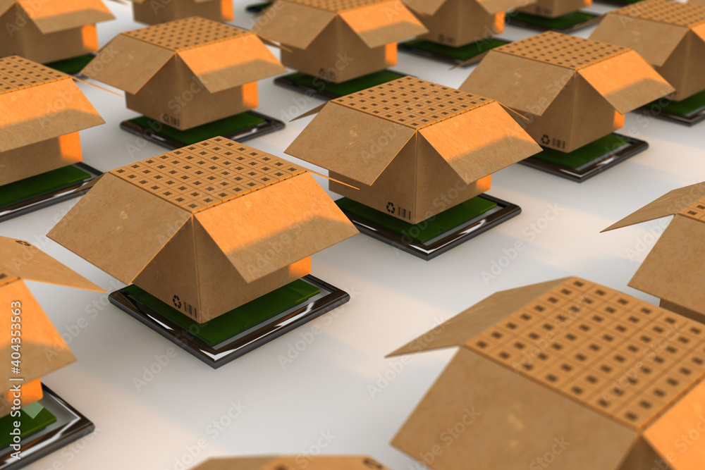 Track and Trace packages, logistic and transport concept with cardboard boxe. 3D Render