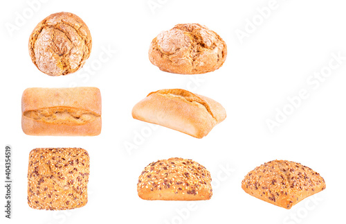Isolated clipping path white background of organic flour mixed gold brown bread homemade baked italian ciabatta french toast baguette whole wheat rye oat loaf with healthy seed gluten free