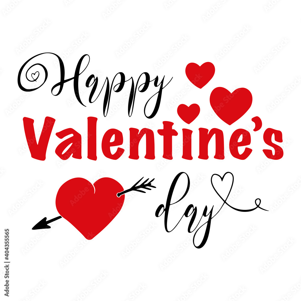Vector Illustration of hearts with arrow for Happy Valentine's day. Text in red and black with handwritten scripture isolated on white for sublimation, print, card, digital paper, invitation, cut file